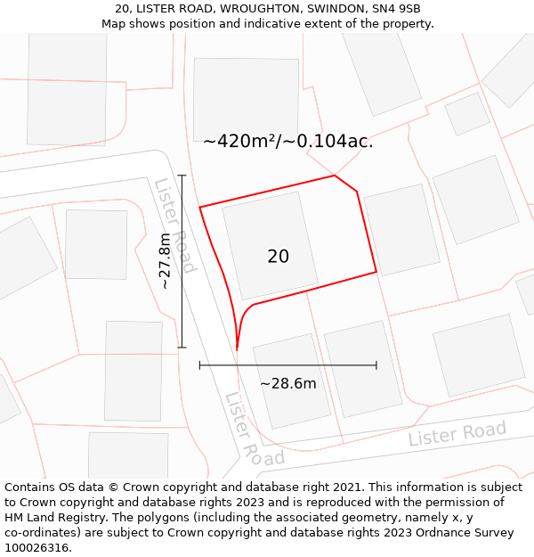 20, LISTER ROAD, WROUGHTON, SWINDON, SN4 9SB: Plot and title map