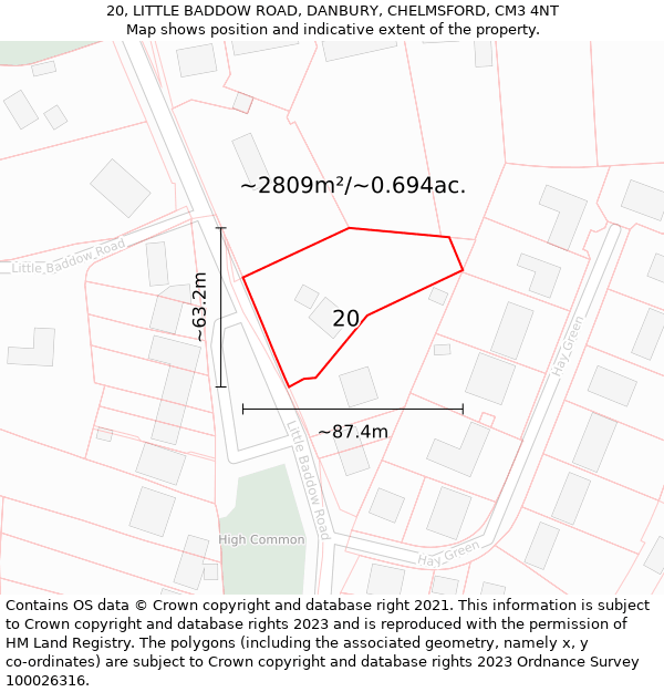 20, LITTLE BADDOW ROAD, DANBURY, CHELMSFORD, CM3 4NT: Plot and title map