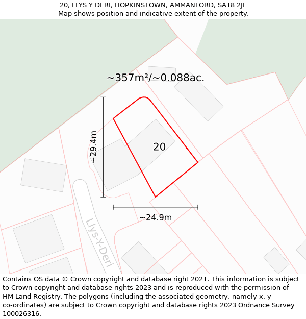 20, LLYS Y DERI, HOPKINSTOWN, AMMANFORD, SA18 2JE: Plot and title map