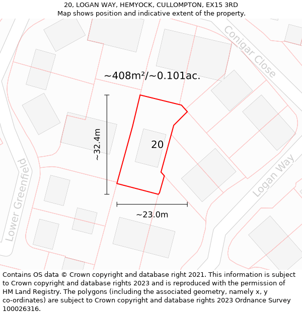 20, LOGAN WAY, HEMYOCK, CULLOMPTON, EX15 3RD: Plot and title map