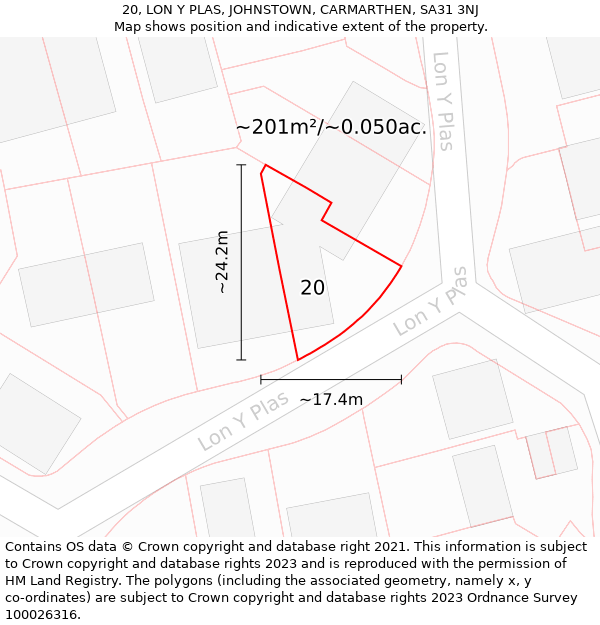 20, LON Y PLAS, JOHNSTOWN, CARMARTHEN, SA31 3NJ: Plot and title map