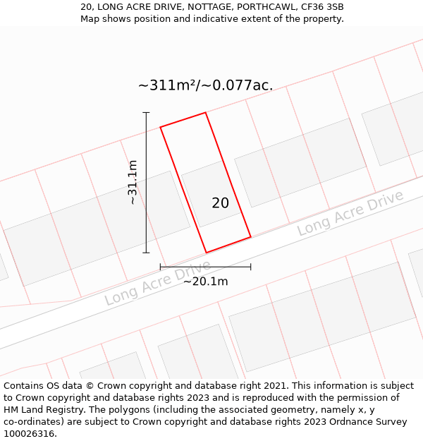 20, LONG ACRE DRIVE, NOTTAGE, PORTHCAWL, CF36 3SB: Plot and title map