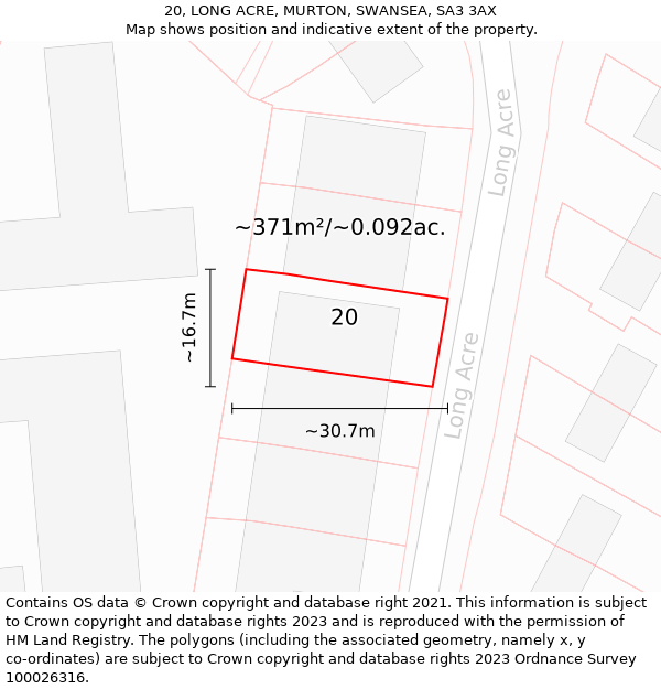 20, LONG ACRE, MURTON, SWANSEA, SA3 3AX: Plot and title map