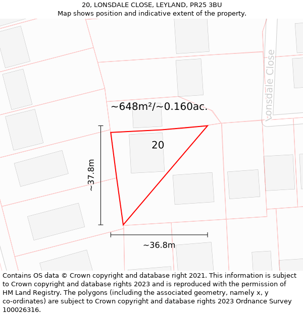 20, LONSDALE CLOSE, LEYLAND, PR25 3BU: Plot and title map
