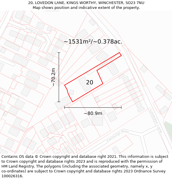 20, LOVEDON LANE, KINGS WORTHY, WINCHESTER, SO23 7NU: Plot and title map