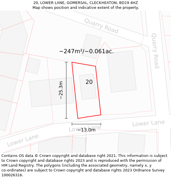 20, LOWER LANE, GOMERSAL, CLECKHEATON, BD19 4HZ: Plot and title map