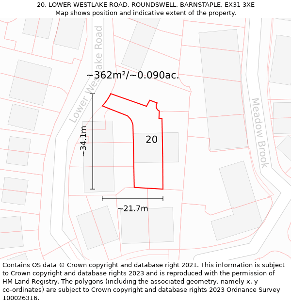 20, LOWER WESTLAKE ROAD, ROUNDSWELL, BARNSTAPLE, EX31 3XE: Plot and title map