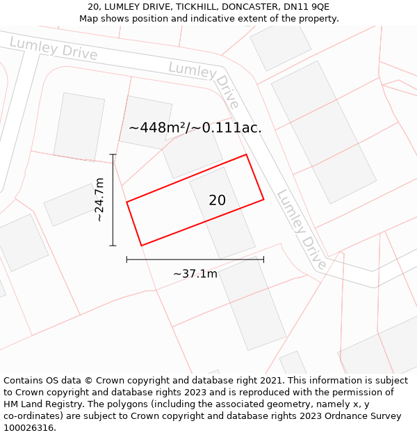 20, LUMLEY DRIVE, TICKHILL, DONCASTER, DN11 9QE: Plot and title map