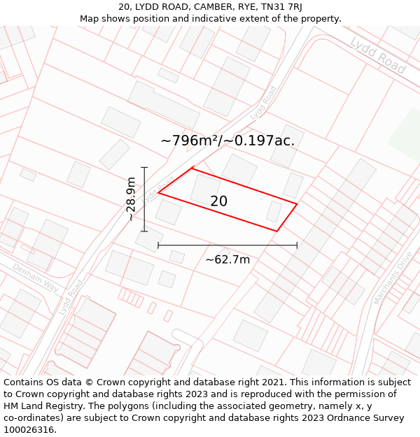 20, LYDD ROAD, CAMBER, RYE, TN31 7RJ: Plot and title map