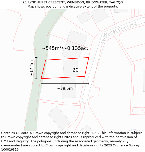 20, LYNDHURST CRESCENT, WEMBDON, BRIDGWATER, TA6 7QG: Plot and title map