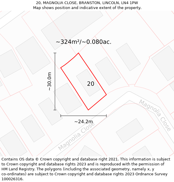 20, MAGNOLIA CLOSE, BRANSTON, LINCOLN, LN4 1PW: Plot and title map