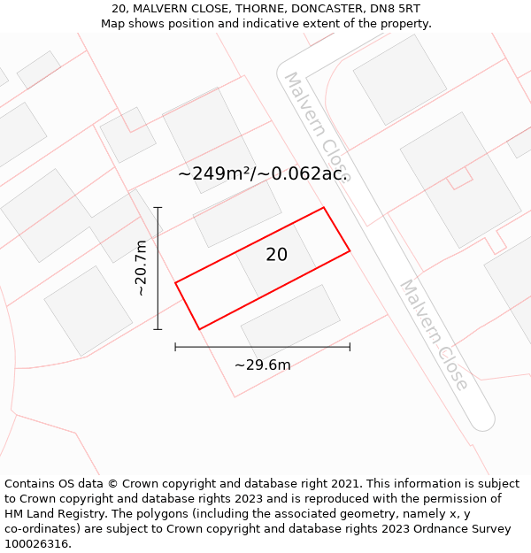 20, MALVERN CLOSE, THORNE, DONCASTER, DN8 5RT: Plot and title map