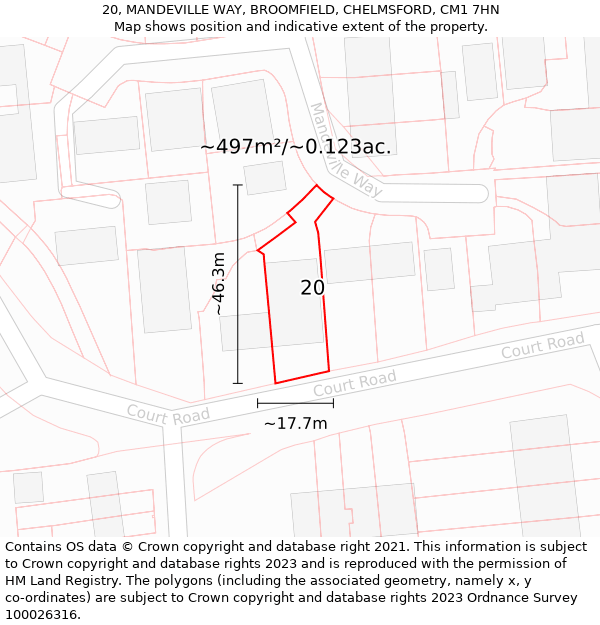 20, MANDEVILLE WAY, BROOMFIELD, CHELMSFORD, CM1 7HN: Plot and title map