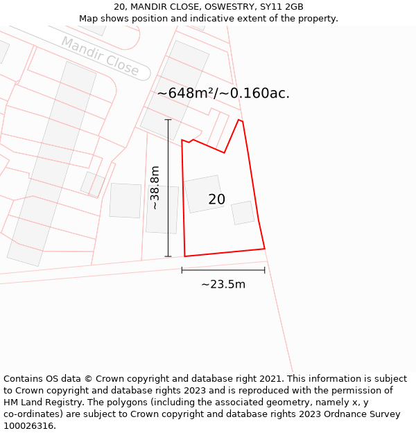 20, MANDIR CLOSE, OSWESTRY, SY11 2GB: Plot and title map