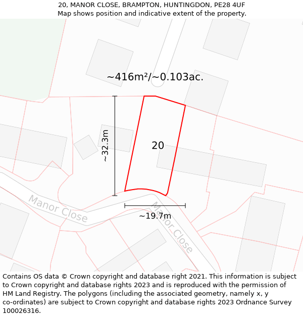 20, MANOR CLOSE, BRAMPTON, HUNTINGDON, PE28 4UF: Plot and title map