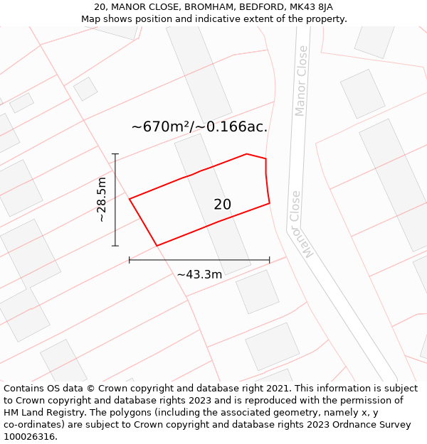 20, MANOR CLOSE, BROMHAM, BEDFORD, MK43 8JA: Plot and title map