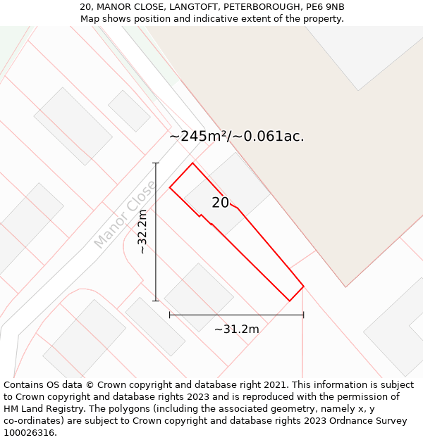 20, MANOR CLOSE, LANGTOFT, PETERBOROUGH, PE6 9NB: Plot and title map