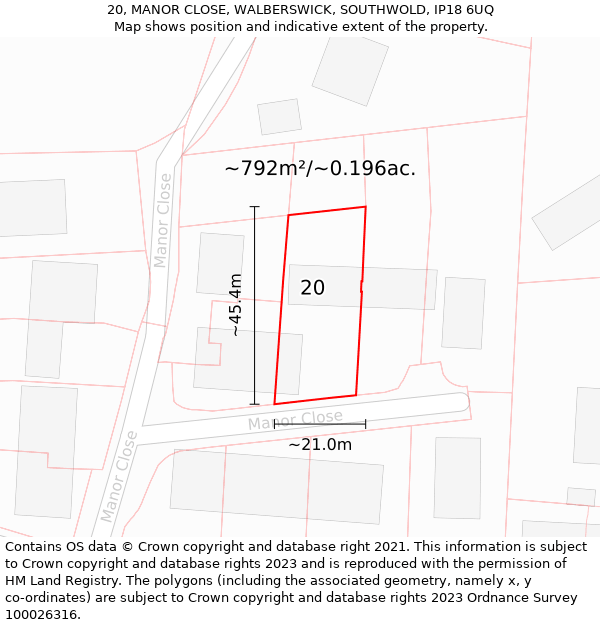 20, MANOR CLOSE, WALBERSWICK, SOUTHWOLD, IP18 6UQ: Plot and title map