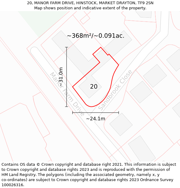 20, MANOR FARM DRIVE, HINSTOCK, MARKET DRAYTON, TF9 2SN: Plot and title map