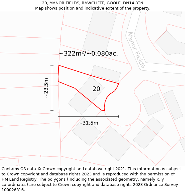 20, MANOR FIELDS, RAWCLIFFE, GOOLE, DN14 8TN: Plot and title map