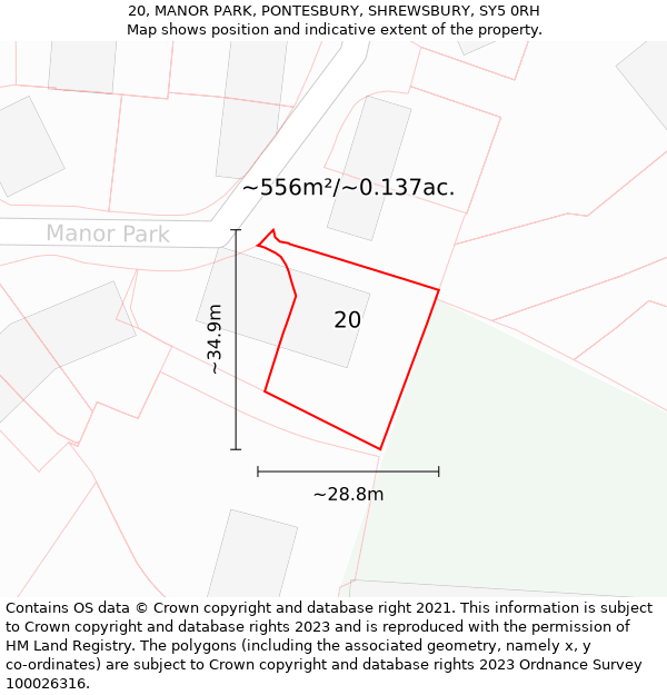 20, MANOR PARK, PONTESBURY, SHREWSBURY, SY5 0RH: Plot and title map