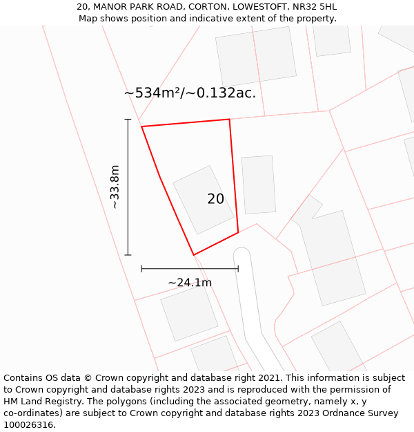 20, MANOR PARK ROAD, CORTON, LOWESTOFT, NR32 5HL: Plot and title map