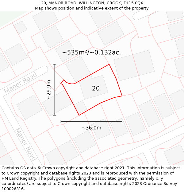 20, MANOR ROAD, WILLINGTON, CROOK, DL15 0QX: Plot and title map