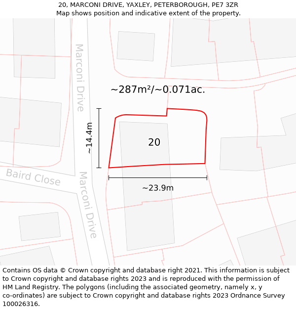 20, MARCONI DRIVE, YAXLEY, PETERBOROUGH, PE7 3ZR: Plot and title map