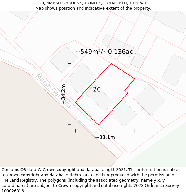 20, MARSH GARDENS, HONLEY, HOLMFIRTH, HD9 6AF: Plot and title map