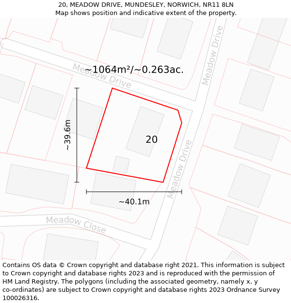 20, MEADOW DRIVE, MUNDESLEY, NORWICH, NR11 8LN: Plot and title map