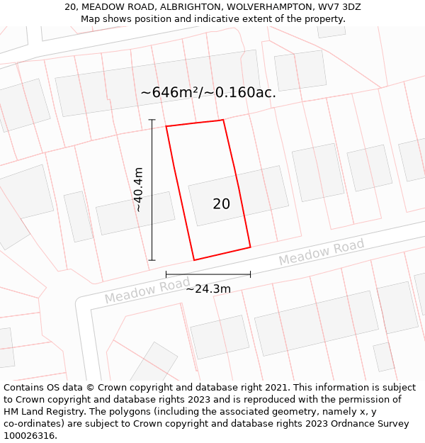 20, MEADOW ROAD, ALBRIGHTON, WOLVERHAMPTON, WV7 3DZ: Plot and title map