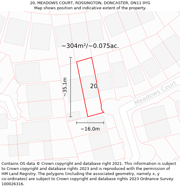 20, MEADOWS COURT, ROSSINGTON, DONCASTER, DN11 0YG: Plot and title map