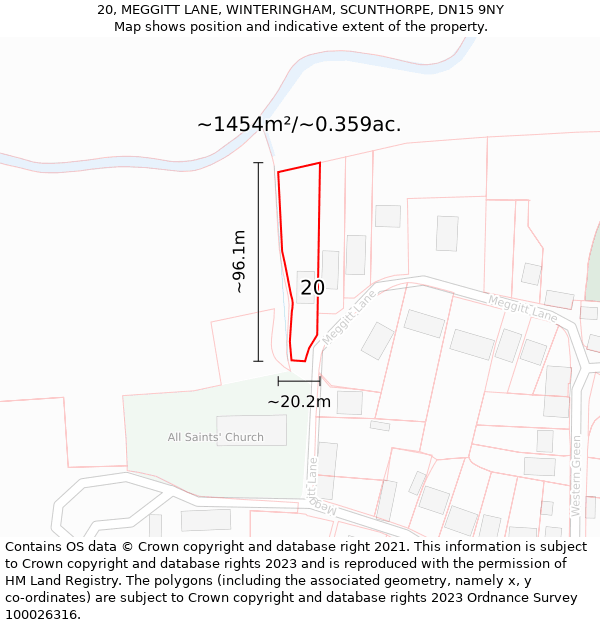 20, MEGGITT LANE, WINTERINGHAM, SCUNTHORPE, DN15 9NY: Plot and title map