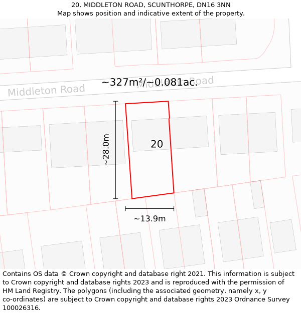 20, MIDDLETON ROAD, SCUNTHORPE, DN16 3NN: Plot and title map