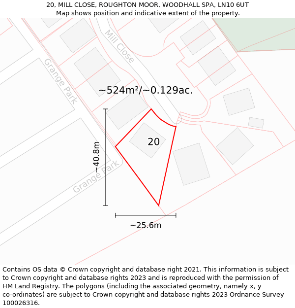 20, MILL CLOSE, ROUGHTON MOOR, WOODHALL SPA, LN10 6UT: Plot and title map