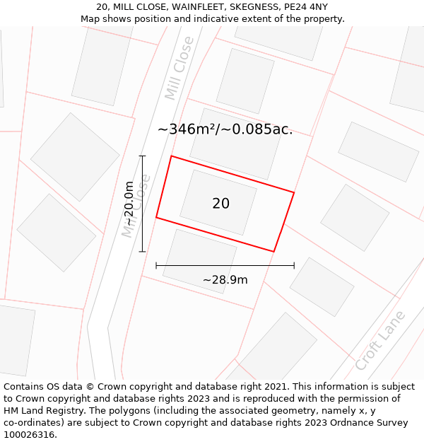 20, MILL CLOSE, WAINFLEET, SKEGNESS, PE24 4NY: Plot and title map