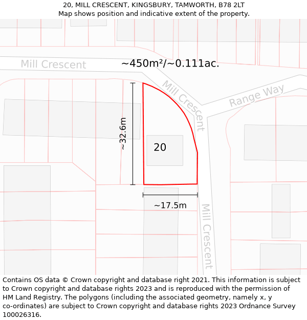 20, MILL CRESCENT, KINGSBURY, TAMWORTH, B78 2LT: Plot and title map