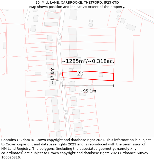 20, MILL LANE, CARBROOKE, THETFORD, IP25 6TD: Plot and title map