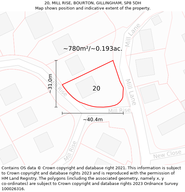 20, MILL RISE, BOURTON, GILLINGHAM, SP8 5DH: Plot and title map