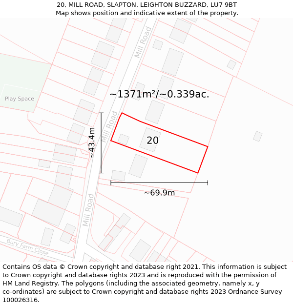 20, MILL ROAD, SLAPTON, LEIGHTON BUZZARD, LU7 9BT: Plot and title map