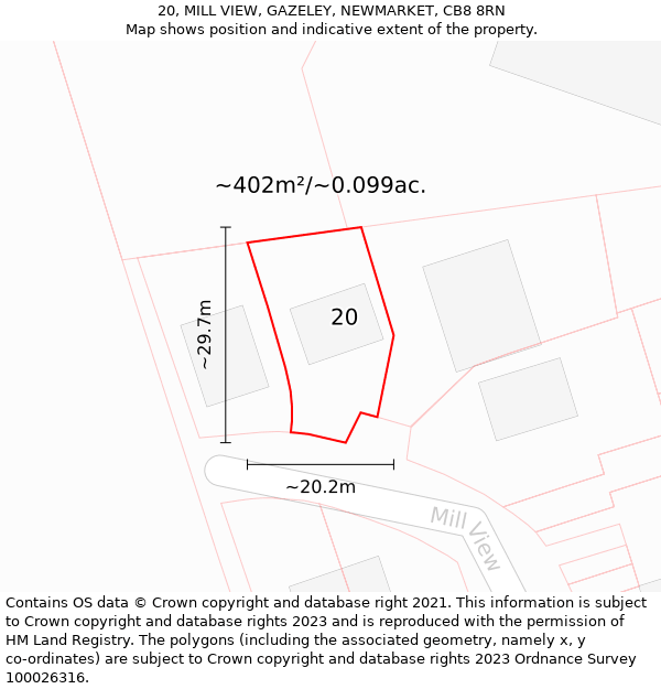 20, MILL VIEW, GAZELEY, NEWMARKET, CB8 8RN: Plot and title map