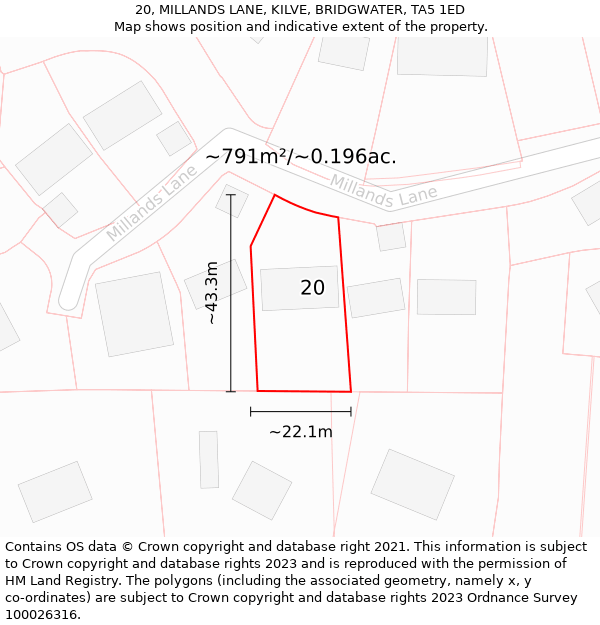 20, MILLANDS LANE, KILVE, BRIDGWATER, TA5 1ED: Plot and title map