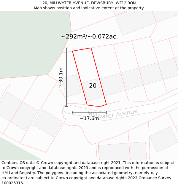 20, MILLWATER AVENUE, DEWSBURY, WF12 9QN: Plot and title map