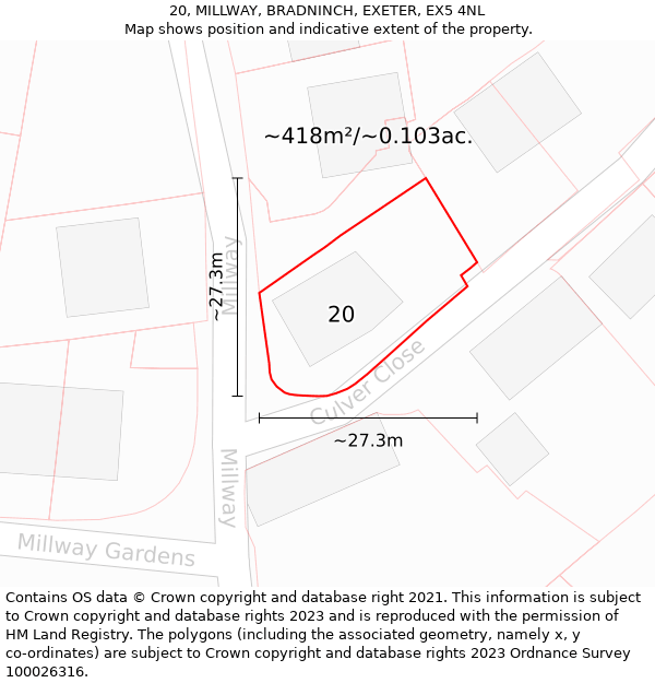 20, MILLWAY, BRADNINCH, EXETER, EX5 4NL: Plot and title map