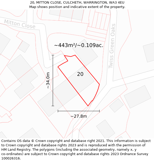 20, MITTON CLOSE, CULCHETH, WARRINGTON, WA3 4EU: Plot and title map