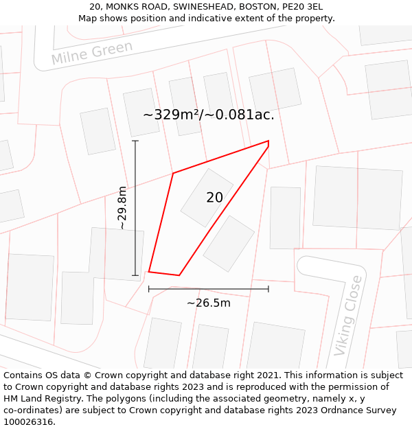 20, MONKS ROAD, SWINESHEAD, BOSTON, PE20 3EL: Plot and title map