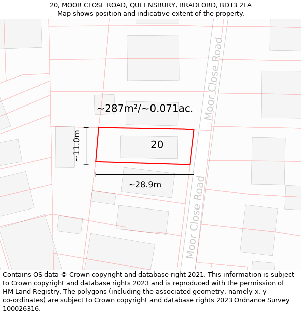 20, MOOR CLOSE ROAD, QUEENSBURY, BRADFORD, BD13 2EA: Plot and title map