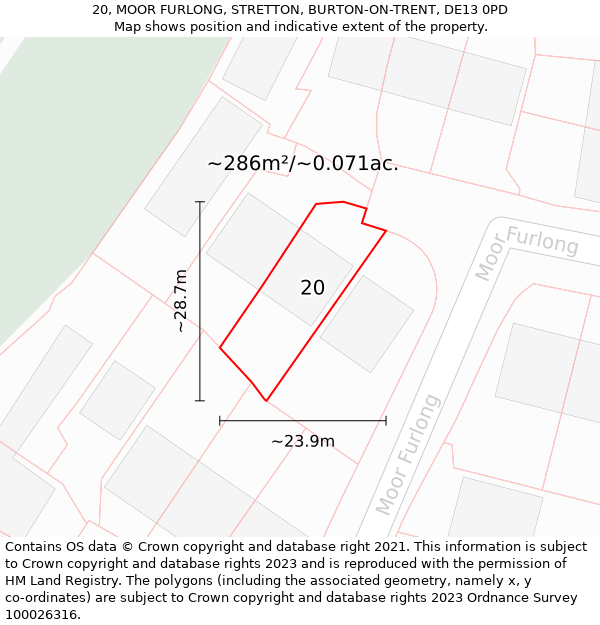 20, MOOR FURLONG, STRETTON, BURTON-ON-TRENT, DE13 0PD: Plot and title map