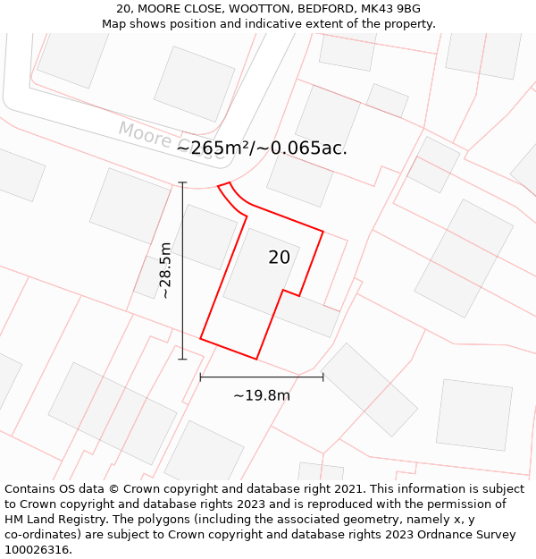 20, MOORE CLOSE, WOOTTON, BEDFORD, MK43 9BG: Plot and title map