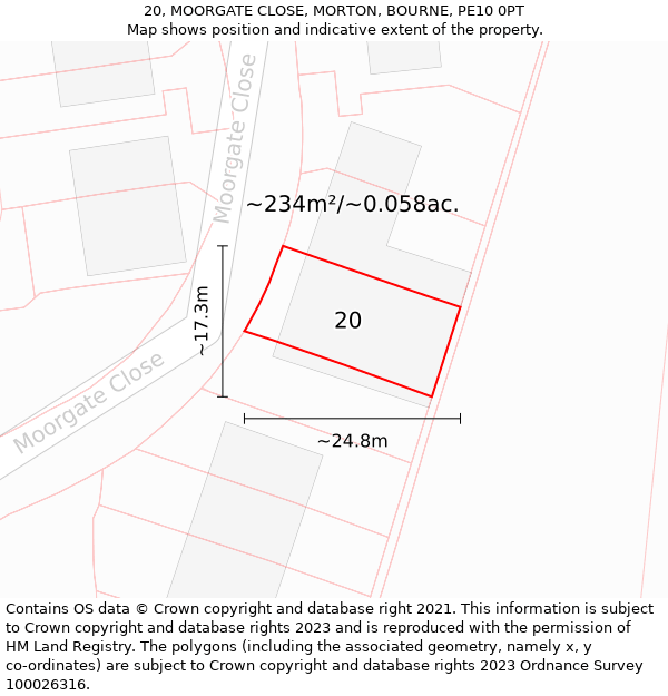 20, MOORGATE CLOSE, MORTON, BOURNE, PE10 0PT: Plot and title map